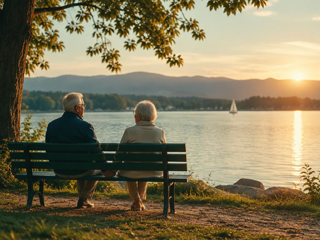 An older couple holding hands on a bench by a lake
