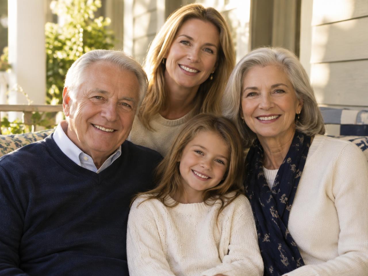 Grandparents with their daughter and grandchild on a sunny porch