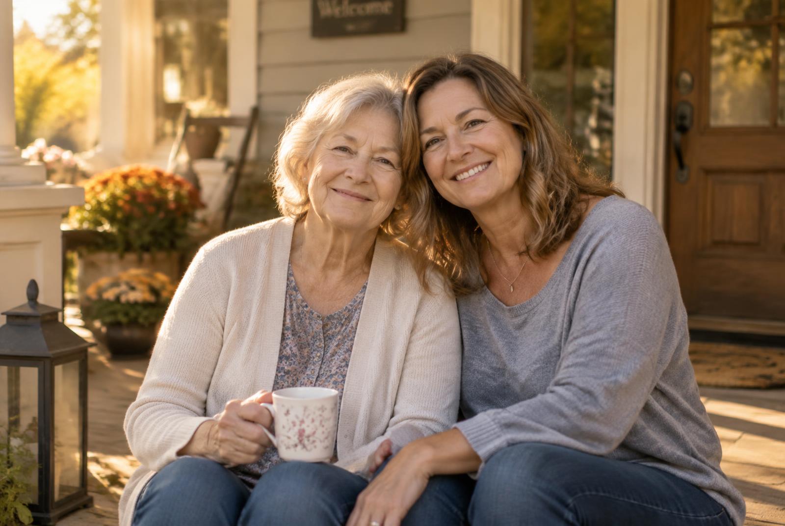 An older mother and her adult daughter smiling together on their front porch